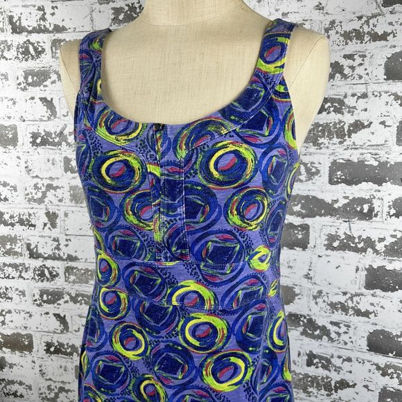 Rei Tank Dress Sz M Indigo Abstract Swirls Knee Length Fit & Flare Stretch - Picture 3 of 13